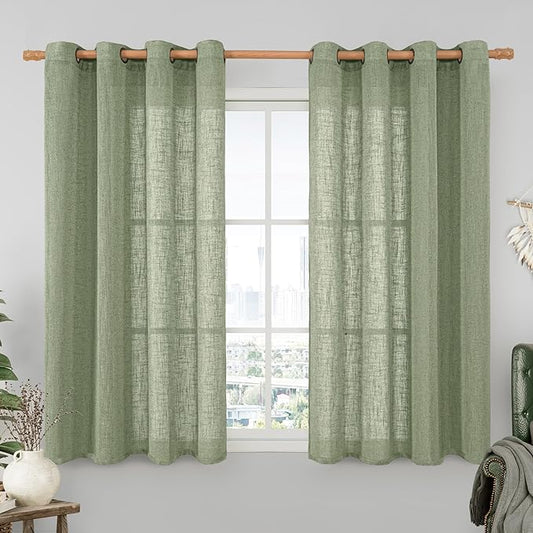 LAMIT Small Linen Curtains 2 Panels Set for Bebroom, 45 inches Long Soft Thick Light Filtering Bronze Grommet Window Textured Neutral Sheer Drapes for Kitchen/Loft Room, 52 x 45 Inch, Sage Green