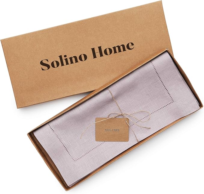 Solino Home Linen Table Runner 48 Inches - 100% Pure Linen Lilac Hemstitch Table Runner 14 x 48 Inch Ideal for Dresser and Coffee Tables - Classic Hemstitch