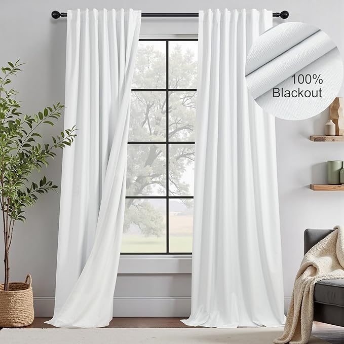 Thick Linen Blackout Curtains 105 Inches Long 2 Panels Set White Custom Length Heat Cold Draft Blocking Winter Curtains Back Tab Pocket Large Window Drapes for Office Home Living Room Bedroom 52 Wide