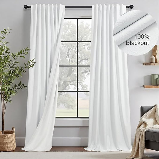 Elegant 100% Blackout White Curtains 144 Inch Long Extra Wide Large 12ft Length Lightweight Linen Textured Thermal Insulating Curtains & Drapes for Living Room Bedroom Window Patio Door Sliding Glass