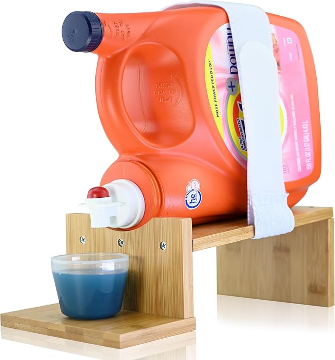 TidyFriend Laundry Detergent Dispenser with Tray & Strap, Laundry Soap Dispenser with Non-Slip Rubber Feet for Washing Room Organization, Easy Pour (Wood)