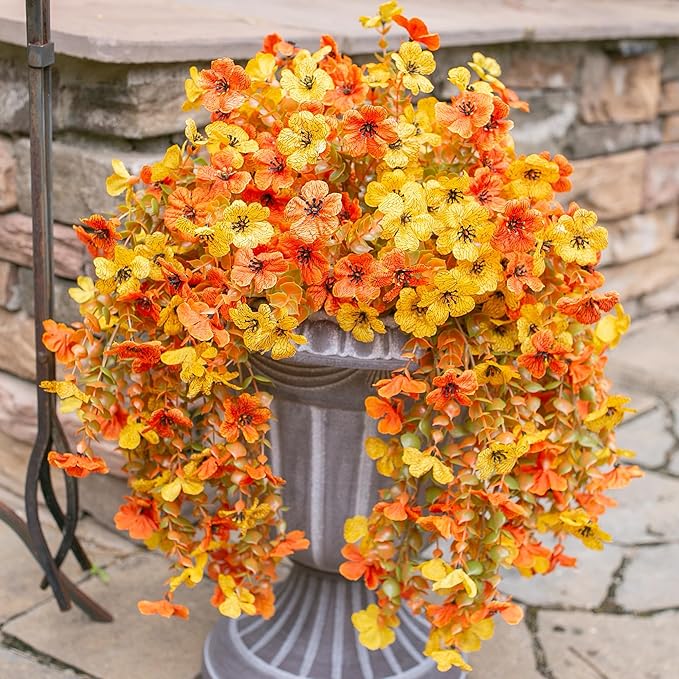 INSPRING Artificial Fall Flowers for Outdoors Decoration, 2Pcs Fake Fall Light Orange & Yellow Hanging Flowers, Faux Autumn Decor for Porch Patio Balcony Planter, Realistic Arrangement