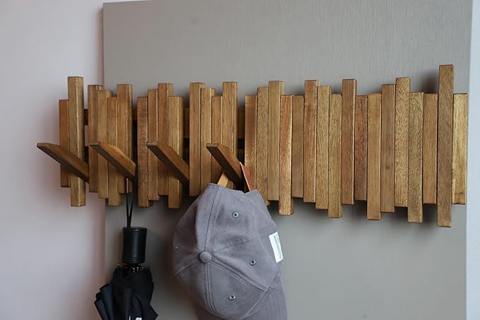 Natural Wood Wall Mounted Piano Coat Rack| Coat Rack Wall Mount| Flip Down Wall Hook Rack 7 Hooks| Entryway Wall Art Hook,Made of Acacia Wood (Wood Wax Oil staining Light Brown).