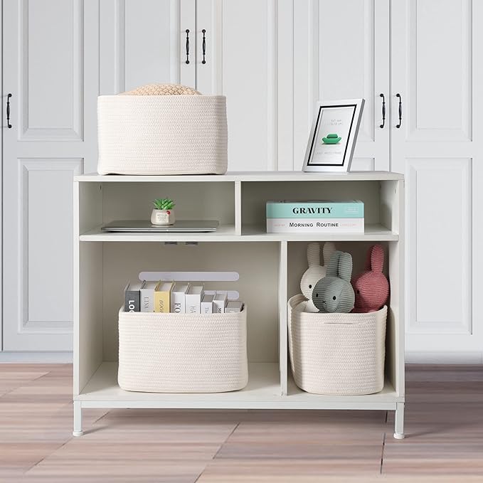 Cotton Rope storage Basket Bins Woven Basket for Organizing Shelves Rectangle Decorative Baskets For storage Clothes Toys Books Towels Square Wicker Nursery basket organizer 3 pack white