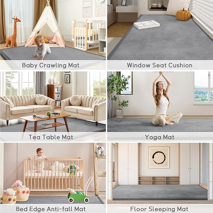 Baby Play Mat for Floor Tummy Time Mat Nursery Rug Muscle Mat Area Rug Playroom Rug Tatami Mat 6'7"x5'11" Memory Foam 1.3" Thick Crawling Mat for Babies,Toddlers, Infants, Kids,Floor Mat(Grey)