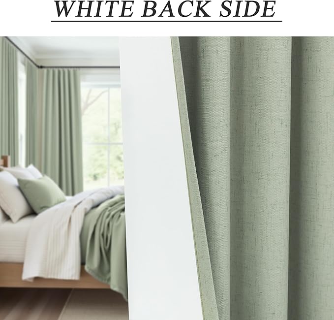 Green Country Kitchen Curtains 45 Inch Length Short Small Basement Window Blackout Cooling Curtains for Summer Heat Linen Cafe Bathroom Classroom Dorm RV Camper Sage Green Drapes with White Backing