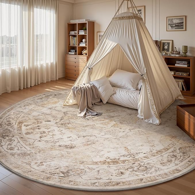 AMOAMI-6FT Round Rug-Rugs for Living Room-Vintage Soft Beige Rugs for Bedroom-Non Slip Circle Rug-Machine Washable Rug for Dining Room Living Room Bedroom Office Under Table
