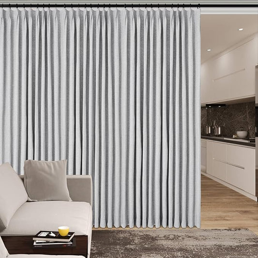 Extra Wide 100% Blackout Linen Textured Curtains - Room Dividers, W200 x L96 (1 Panel), Pinch Pleat Drapes for Living Room, Full Light Block Out Drapery for Sliding Door, Silver Grey