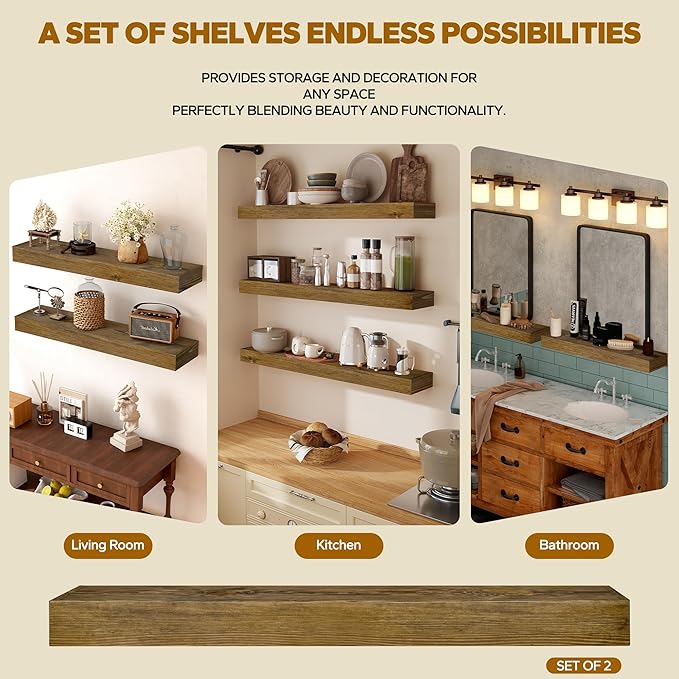 Floating Shelves 3 inch Thick for Wall Set of 2,Solid Pine Wood Wall Mount Shelf for Kitchen Living Room Bedroom Bathroom,8" D x 36" L x 3" H-Black Walnut