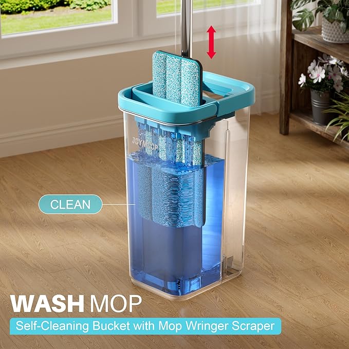 JOYMOOP Mop and Bucket Set with Wringer, with 5 Reusable Microfiber Mop Pads, Mops for Floor Cleaning and Wall Cleaning, Hands-Free Flat Mop for Home Use - Grey+Cyan Blue