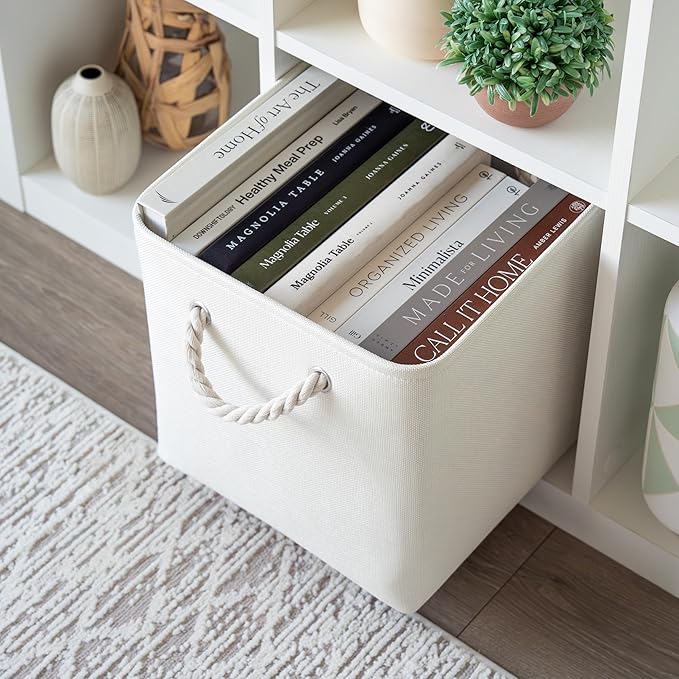 OrganiHaus 12x12 Cube Storage Bins 4 Pack, Foldable Cube Storage Organizer w/ Rope Handles, Collapsible Fabric Bins for Toys, Clothes & Closet Organization, Fabric Square Baskets - Off-White