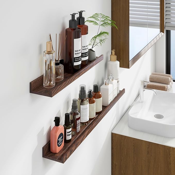 Floating Picture Ledge Shelves 48 Inch Solid Oak Wood Set of 2, Rustic Wall Storage Shelves with Lip, Kids Bookshelf, Photo & Picture Ledge Shelves for Bedroom, Living Room, Kitchen