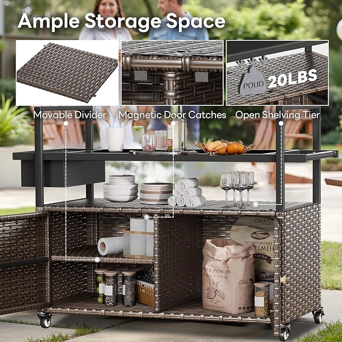 Outdoor Bar Cart with Storage Cabinet, Outdoor Grill Cart with Wheels, Rattan Bar Cart with Tempered Glass Tabletop, Outdoor Buffet Cabinet Table Cart for Mini Bar, BBQ, Food Serving, Brown Wicker