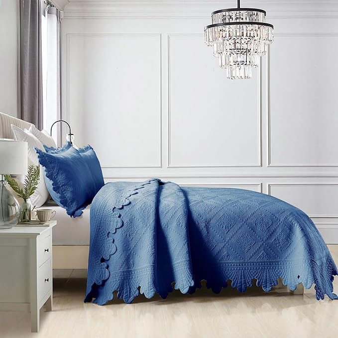 MarCielo 3-Piece 100% Cotton Oversized Bedspread Lightweight Quilt Coverlet Embroidery Farmhouse Bedding Set (Tk Midtone Blue, Oversized Queen (100"x106"))