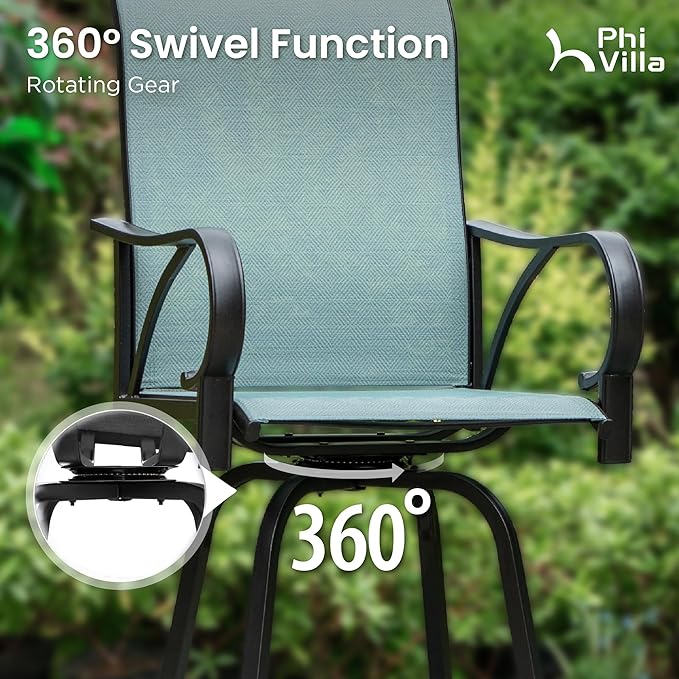 PHI VILLA 3 Piece Outdoor Bar Set, High Top Patio Bistro Table and Bar Chairs with Teal Textilene Fabric & Rustproof Metal Frame for Backyard, Balcony, Garden & Poolside