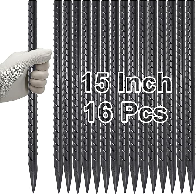 VVOKGO Rebar Stakes 15 Inches Ground Concrete Form Stakes (16pcs), 3/8" Diameter Straight Metal Spikes Heavy Duty with Chisel Point End, Steel Anchors for Fence, Concrete Timber, Garden Plants, Black
