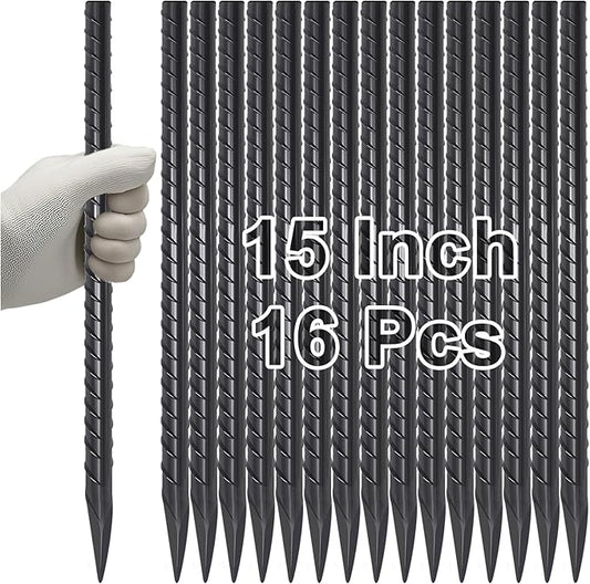 VVOKGO Rebar Stakes 15 Inches Ground Concrete Form Stakes (16pcs), 3/8" Diameter Straight Metal Spikes Heavy Duty with Chisel Point End, Steel Anchors for Fence, Concrete Timber, Garden Plants, Black