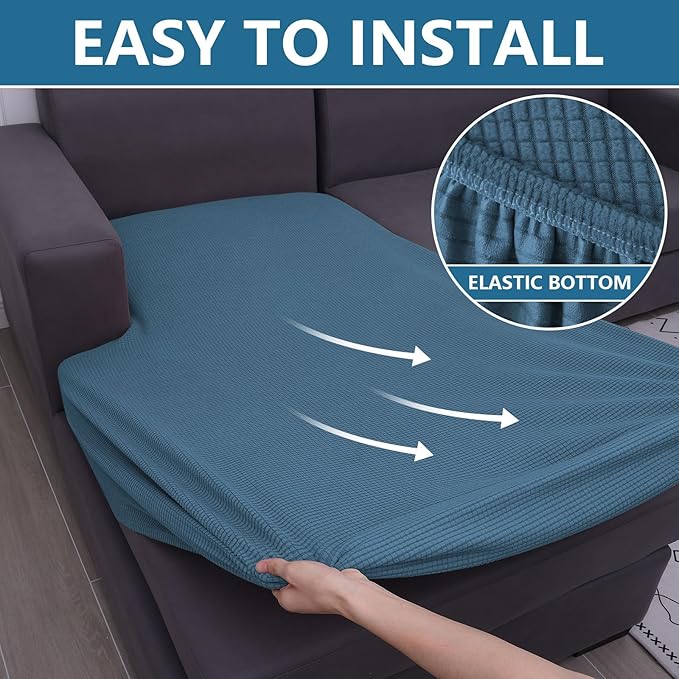 hyha Waterproof Sectional Couch Covers, Non Slip Sofa Couch Cushion Covers L Shape, Thick Stretch Jacquard Fabric, Washable Sofa Slipcovers with Elastic Bottom (1 Piece for Chaise XL, Blue)