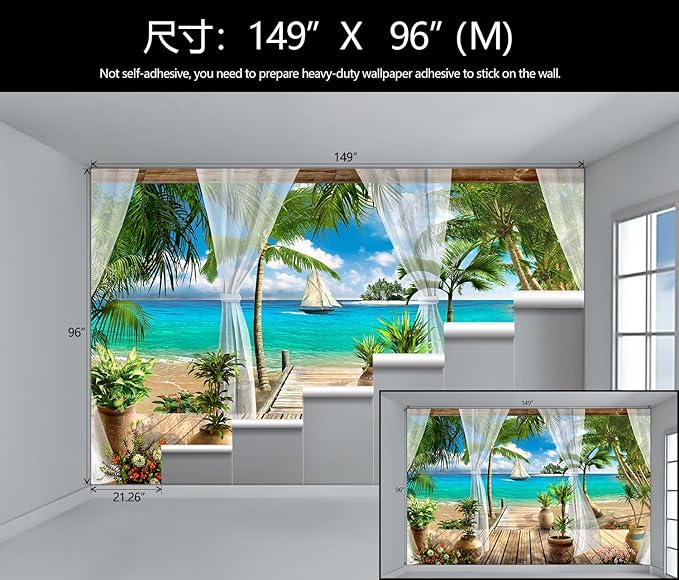 WFBHUA-Wall Mural Tropical Beach Palm Tree Wallpaper Balcony Window Seascape Landscape Wallpaper for Bathroom Living Room Bedroom (Not Peel and Stick)