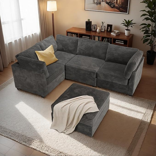 Modular Sectional Sofa with Chaise U Shaped Sectional Couch for Living Room, 5-Seater Comfy Cloud Couches with One Movable Ottoman, Plush Corduroy, Gray