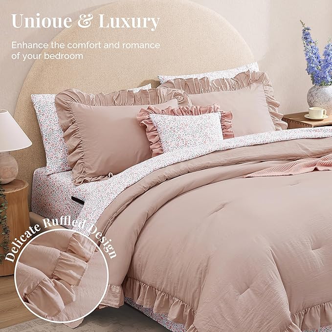 King Comforter Set - 7 Pieces Ruffle Pink Bedding Sets, Shabby Chic Farmhouse Bed in a Bag King with Ruffle Comforter, Floral Sheets, Pillowcases & Shams