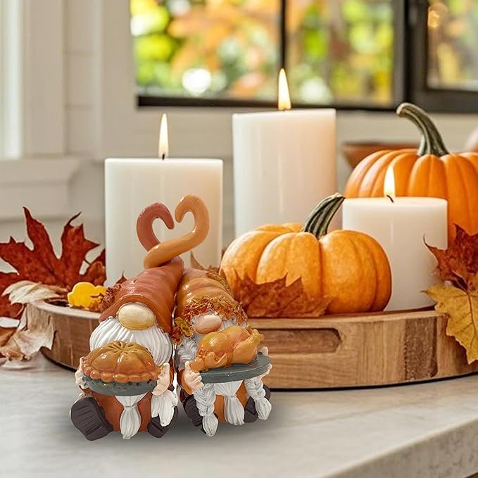 Fall Gnome Decor, Resin Thanksgiving Gnomes for Fall Decoration Indoor Home, Small Autumn Gnome Figurines with Pumpkin Pie and Turkey for Autumn Harvest