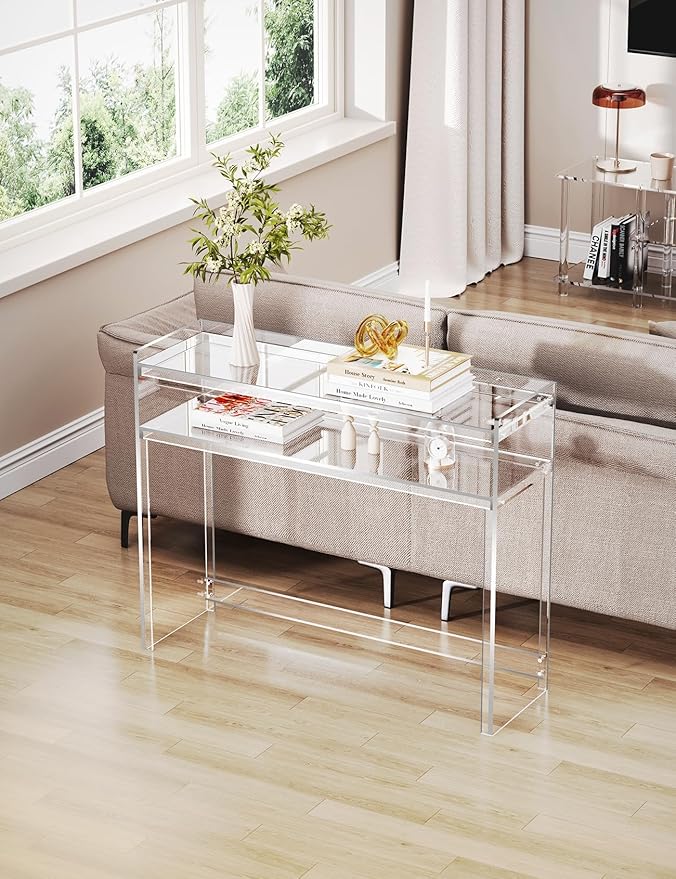 Acrylic Console Table, Entryway Table with Storage Shelves (1, 39.4 * 31.5 * 11.7) (Clear)
