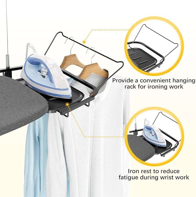 Full Size Ironing Board, 18x51 Iron Board with Metal Panel Stretchable Iron Rest, Adjustable Height Heavy Duty Heat & Scorch Resistant Cover Ironing Board, for Home, Laundry, Black