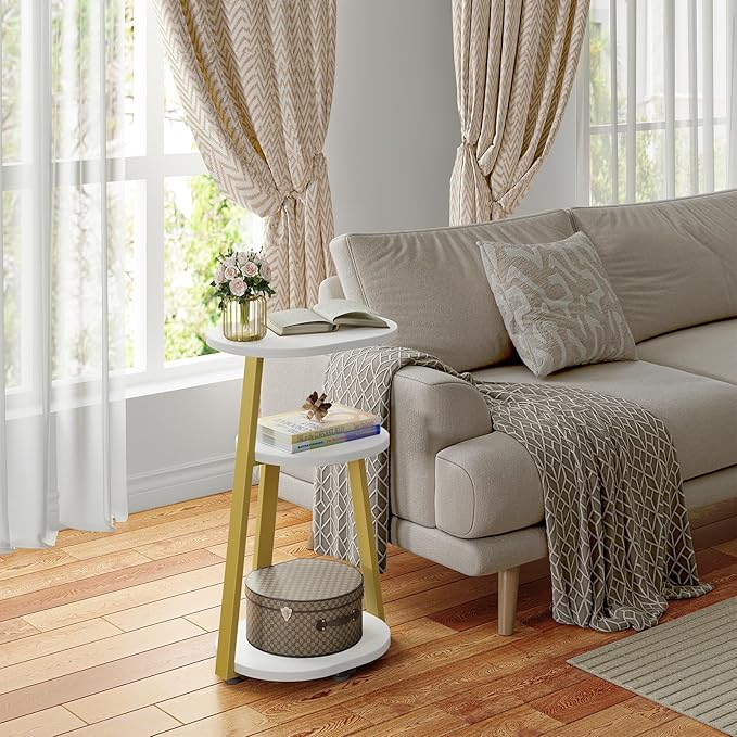 Side Table, Small End Table with Metal Frame, 3-Tier Bedside Tables, Round Side Tables for Living Room Bedroom Couch Bathroom, Oval, White