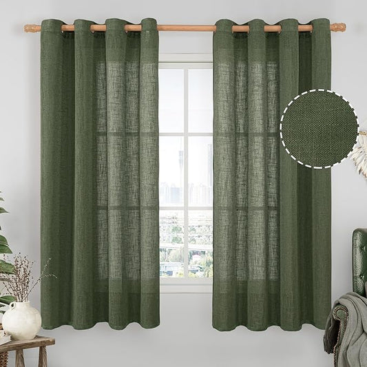 LAMIT Olive Green Sheer Linen Curtains 63 inch Length for Bedroom, Semi Sheer Light Filtering Window Treatments Neutral Bronze Grommet Christmas Drapes for Living Room, 2 Panels Set, 52 x 63 Inch