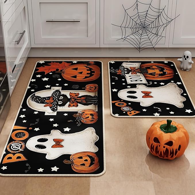 Halloween Kitchen Mat Set of 2, Pumpkin Ghosts Boo Cat Halloween Decor, Halloween Rug for Floor, Indoor Home Decor with Non-Slip Backing,17 x 29 Inch & 17 x 47 Inch