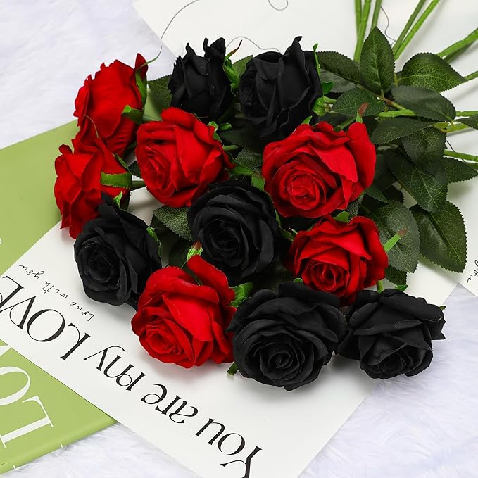 Black Fake Roses Artificial Flowers - 10 Pcs Fake Artificial Roses Silk Flowers with Stems for Home Wedding Hotel Office Centerpiece Decor