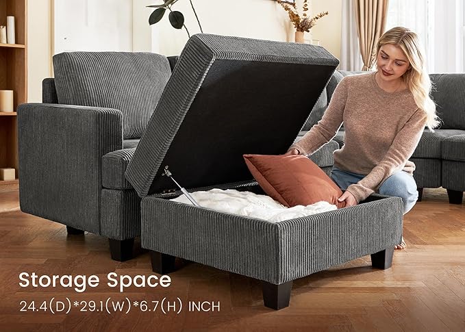 Nolany U Shape Oversized Corduroy Modular Sectional Sofa with Storage Ottoman, Dark Grey