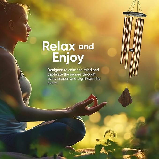 Nature’s Melody Premiere Grande Tunes Wind Chimes – Outdoor Windchime with 6 Tubes Tuned to E Pentatonic Scale, Rustproof Aluminum, Beech Wood & S Hook Hanger for Sympathy, Memorial Gift or Zen Garden