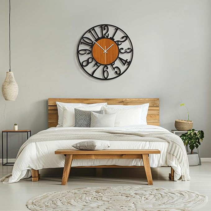 Maxstar Round Wall Clock for Living Room Decor Battery Operated Non Ticking Black Metal Wood Clocks for Home Living Room Garden Office Kitchen Decoration -13 inch