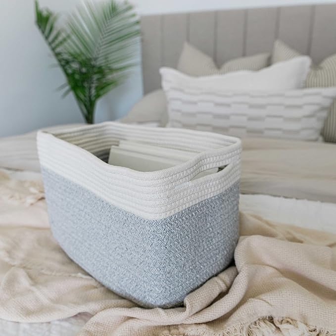 OrganiHaus Woven Basket for Storage, Baby Room Furniture, Decorative Towel Baskets for Bathroom, Cotton Rope Basket for Storage, Woven Baskets for Organizing, Rectangular Storage Basket, Grey