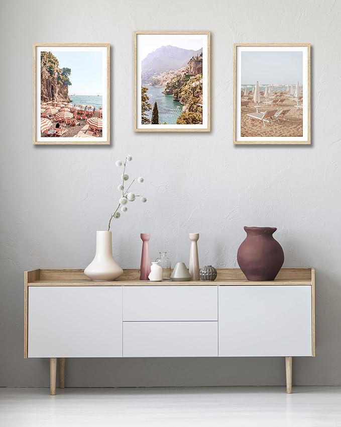 HesenDot Natural OAK Wood Framed Italy Coastal Wall Art,12x16in Amalfi Coast Canvas Wall Print,Positano Seascape Boho Poster Wall Decor for Living Room,Bedroom,Office Gallery Set of 1