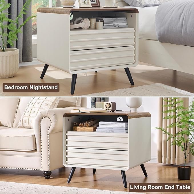RedLemon 24" Nightstand Set of 2 with Charger Station, Mid Century Modern Fluted End Table with 2 Drawers，Wooden Side Table with Open Cubby Storage for Living Room, Bedroom, Office (Antuique White)