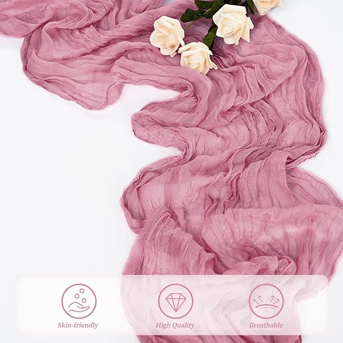 12 Pack Dusty Rose 10FT Cheesecloth Table Runner 20 x 120 Inch Long Rustic Gauze Fabric Cheese Cloth Table Runner for Wedding Bridal Baby Shower Table Decorations Boho Sheer Birthday Party Table Decor
