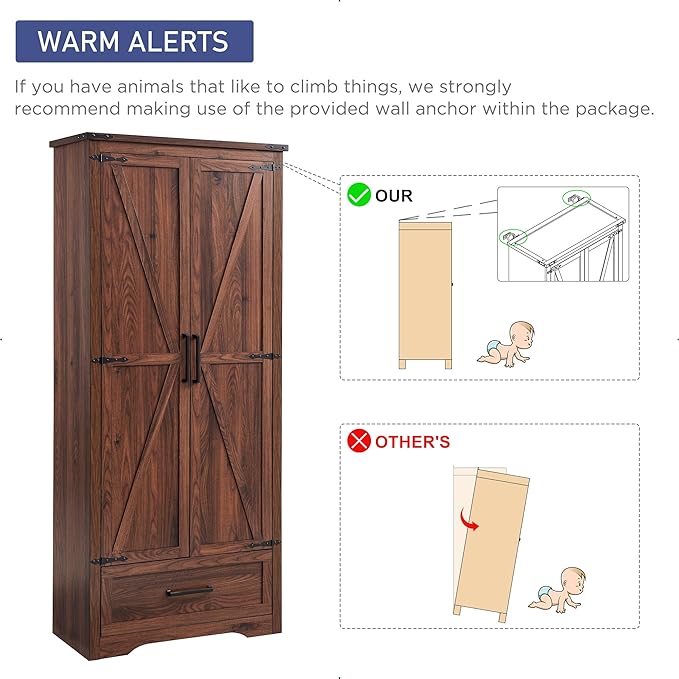 JXQTLINGMU Farmhouse Kitchen Pantry Cabinet - 72" Tall Wood Kitchen Storage Cabinets with Adjustable Shelves & 2 Barn Doors & Drawer, Versatile Storage for Dining Room, Bathroom, Rustic Brown