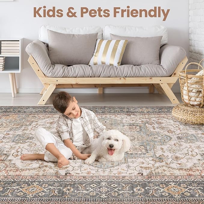 Washable Area Rugs for Living Room - 9x12 Neutral Vintage Distressed Floral Farmhouse Boho Large Soft Floor Rug Indoor Non Slip Carpet for Bedroom Dining Room Office -Forest Green Orange