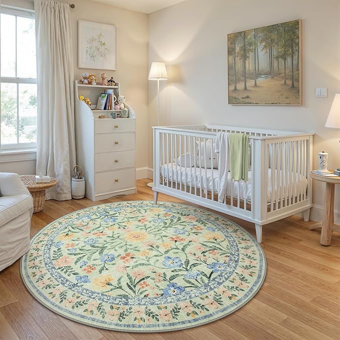 Wonnitar Washable Floral Round Rug, 6ft Sage Green Round Area Rugs for Bedroom Nursery, Boho Non-Slip Indoor Large Circle Carpets for Dining Room Living Room Kids Playroom