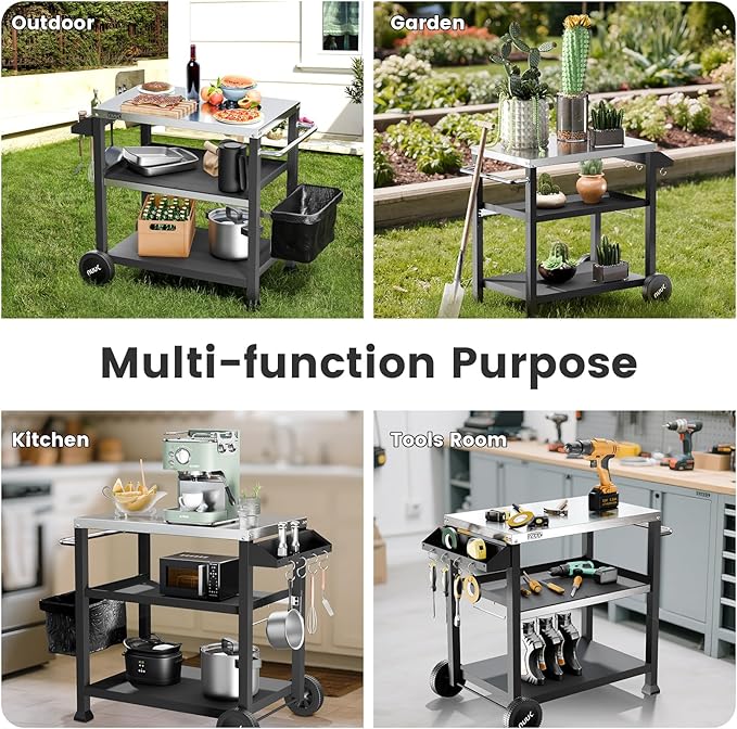 NUUK 3-Shelf Grill Cart with Stainless Steel Top – 20" x 32" Mobile Outdoor Kitchen Table for Pizza Oven, Food Prep, and Dining – Worktable with Wheels,
