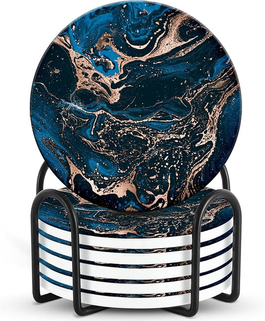 Emerson Coasters for Drinks Absorbent – Natural Stone Drink Coasters Set with Holder, Coasters for Coffee Table, Wooden Tabletop Protection Marble Style – 100% Heavy Duty Set of 6 (Royal)