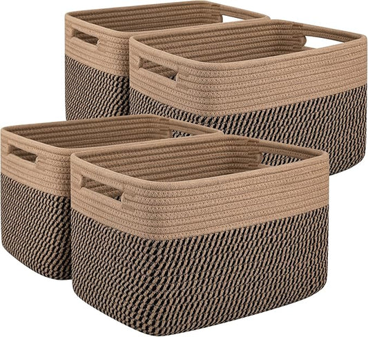 OIAHOMY 4 Pack Storage Baskets for Organizing, Basket for Shelves with Handle, Woven Baskets for Storage Toys, Towels, Books, Cotton Rope Basket 13" L x 9 " W x 7.8 " H, Brown & Black