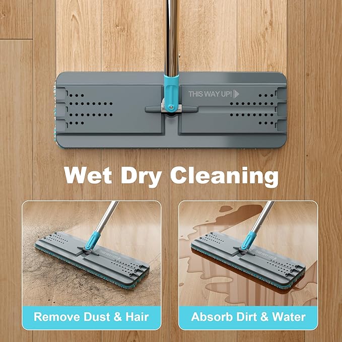 JOYMOOP Mop and Bucket Set with Wringer, with 3 Reusable Microfiber Mop Pads, Mops for Floor Cleaning and Wall Cleaning, Hands-Free Flat Mop for Home Use - Grey+Cyan Blue