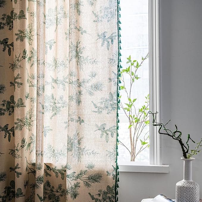 Sutuo Home Boho Curtain 96 Inches Length for Bedroom, Printed Cotton Linen Rod Pocket Semi Blackout Farmhouse Bohemian Tassels Window Treatment for Living Room, 1 Panel 59" W x 96" L, Green Forest