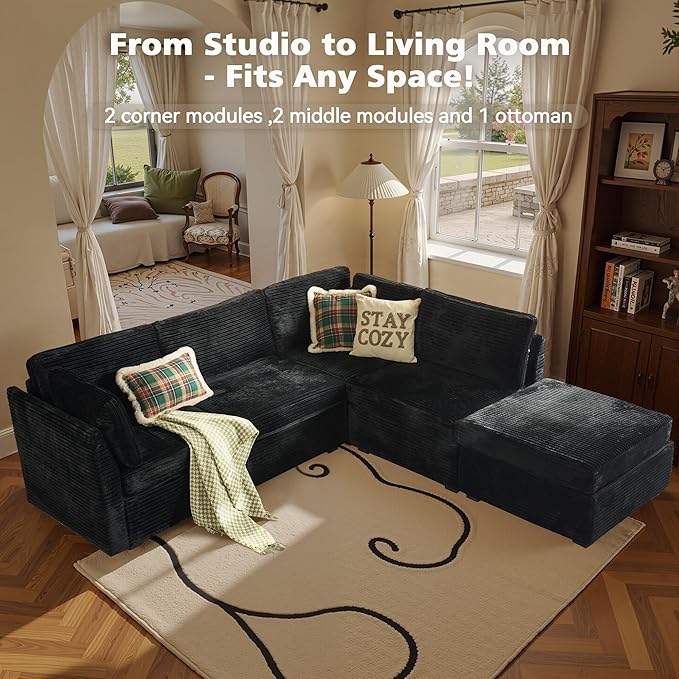 Modular Sectional Sofa, 130.7" L Shaped Couch Set for Living Room, 4-Seater Comfy Cloud Couches with Movable Ottoman, DIY Combination, Plush Corduroy, Black