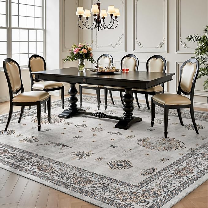 AMOAMI-Vintage Area Rug 5X7 Grey Rugs for Living Room-Soft Living Room Rug Non Slip Rugs for Bedroom Carpet Machine Washable Rug for Dining Room Bedside Office Room Decor