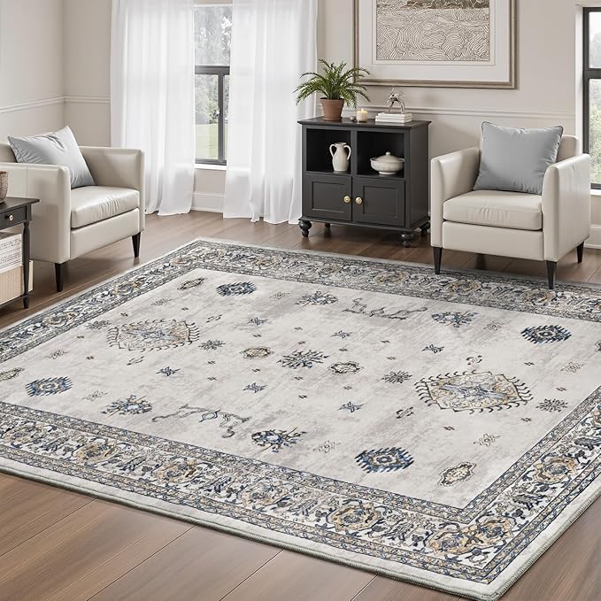 AMOAMI-Vintage Area Rug 4x6 Grey Rugs for Living Room-Soft Living Room Rug Non Slip Rugs for Bedroom Carpet Machine Washable Rug for Dining Room Bedside Office Room Decor